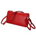 Detail view of red lychee grain leather wallet with dual gold zippers and detachable strap - Red