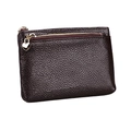 Dark brown genuine leather coin purse with lychee texture and heart zipper pull - Coffee