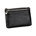 Black genuine leather coin purse with lychee texture and heart zipper puller - Black