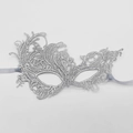 Elegant silver lace masquerade half-face mask with translucent grey ribbons for party events - Phoenix Style / Silver Base Colorful Zircon