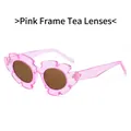 Pink jelly flower frame sunglasses with round tea lenses for trendy women - Pink Frame Tea Lens