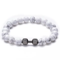 Detail of white marble turquoise beaded bracelet with silver dumbbell and LIFT engraving - Howlite