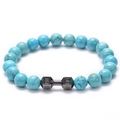 Blue turquoise beaded bracelet with dark grey matte metal dumbbell charm and lifting text - Turquoise