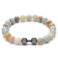 Natural volcanic and tiger eye stone bead bracelet with dark metal dumbbell charm - Amazonite