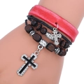Multilayer leather bracelet with dark wood beads and silver cross pendant in red finish - Retro Red