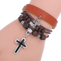 Multilayer brown leather bracelet with wooden beads and silver cross charms for men - Tan