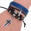 Multilayer beaded leather bracelet with blue straps and silver cross charms on wrist - Retro Deep Blue