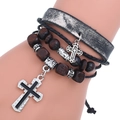 Multilayer black leather and brown wood bead bracelet set with silver cross charms - Retro Black