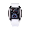 Racing dashboard style LED watch with white silicone strap and creative car speedometer dial - Black Case White Strap Blue LED