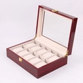Detail view of 10-slot wooden watch box with red wood grain and clear glass top - 10 Slots Red