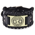 Punk black genuine leather wide bracelet with bronze tree of life metal plate and woven detail - Black Genuine Leather Antique Bronze