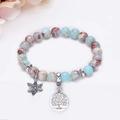 Bohemian beaded bracelet with natural stone, life tree and flower charms on white background - Sky Blue and Red Brown Style (Style 3)