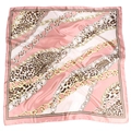 Pink and white square silk scarf with gold chain print and leopard pattern overlay - Pink