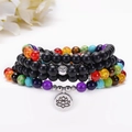 Chakra Mala armband met 108 zwarte matte kralen, kleurrijke stenen en lotus hanger - Lotus Stijl - 108 Matte Steen