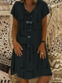 Close-up of black V-neck short sleeve dress with geometric patterns and texture - S / Black