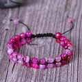 Handmade bohemian double-layer faceted pink agate beads bracelet with adjustable black cord - Rose Red Agate