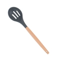 Dark grey silicone slotted spoon with light wood handle on a clean white background - Slotted Spoon