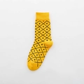 Yellow cotton blend crew socks with black diamond pattern and ribbed cuffs - One Size / Yellow Base Pineapple