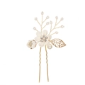 U-shaped hair pin with white flowers, gold leaves, and pearls for bridal hairstyles - 2-Flower Hairpin / White Gold