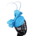 Close-up of blue mesh fascinator hat with elegant bow and feather details on a mannequin - Aqua