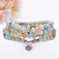 Amazonite mala bead bracelet with 108 stone beads and a silver lotus flower pendant - Lotus Style / 108 Beads