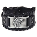 Men's wide black leather bracelet with embossed Celtic wolf head metal plate - Cowhide Antique Silver-Wolf Head