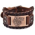 Men's retro brown leather wide bracelet featuring an embossed bronze wolf head charm - Cowhide Antique Copper-Wolf Head