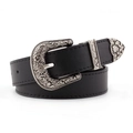 Cinturón vintage de cuero negro para mujer con hebilla tallada plateada y punta de metal - 108cm / Negro