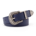 Women's vintage dark blue leather belt with silver engraved metal buckle and loop set - Total Length 108cm Width 2.8cm / Navy Blue