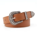 Brown leather western belt for women with silver floral buckle and yellow stitching - Total Length 108cm Width 2.8cm / Camel
