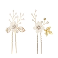 Detailed shot of gold bridal hair pins with white fabric flowers and faux pearls - White