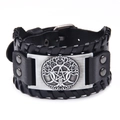 Vintage black leather bracelet featuring woven details and tree of life pentagram plaque - Genuine Leather Antique Silver