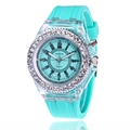 Detail view of mint green silicone watch featuring a rhinestone bezel and quartz dial - Mint Green