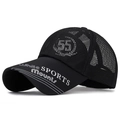 Black breathable mesh sports baseball cap with long brim and printed 55 and sports text - Adjustable / Black