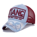 Vintage blue denim and burgundy mesh trucker hat with 3D embroidery and distressed detail - Light Blue Denim / Burgundy (TIANC Embroidery)