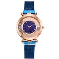 Women's rose gold quartz watch with blue mesh band and floating rhinestone dial - Blue