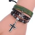 Multi-layer woven leather bracelet featuring green straps, wood beads and metal crosses - Retro Green