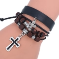 Multilayer leather bracelet for men featuring wooden beads and silver cross pendants - Black