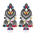 Detail of silver Jhumka earrings featuring vibrant colorful beads and tassel accents - Colorful Antique Silver
