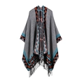 Women cashmere poncho with grey geometric patterns and black tassels for camping - Grey Geometric Tassel