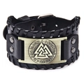 Vintage Nordic Viking leather bracelet with Valknut symbol and runic metal plate - Black Leather Ancient Bronze