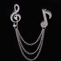Sparkling treble clef and note brooch pin with silver chain and rhinestones - Silver