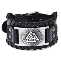 Nordic Viking leather bracelet with silver Valknut symbol and Futhark runes on white background - Black Leather Ancient Silver