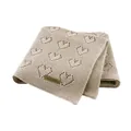 Beige knitted baby blanket featuring hollow heart patterns and premium leather label - 100*80 / Light Camel