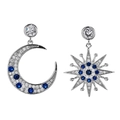 Eleganti orecchini asimmetrici a stella e luna con zirconi blu e cristalli trasparenti - Colorato