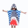 Kids hooded shark bathrobe towel featuring blue wave patterns and soft absorbent fabric - Striped Shark