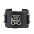 Men's double-layer black leather wide bracelet with metal Maltese cross emblem - Single Cross Cord / Black