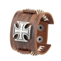 Brown leather cuff bracelet featuring a metallic Maltese cross and white stitching - Single Cross Cord / Brown