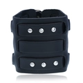 Men's punk black genuine wide leather cuff bracelet featuring silver metal stud accents - Black