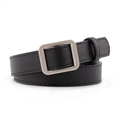 Minimalist black PU leather belt for women featuring a sleek silver rectangular buckle - Black